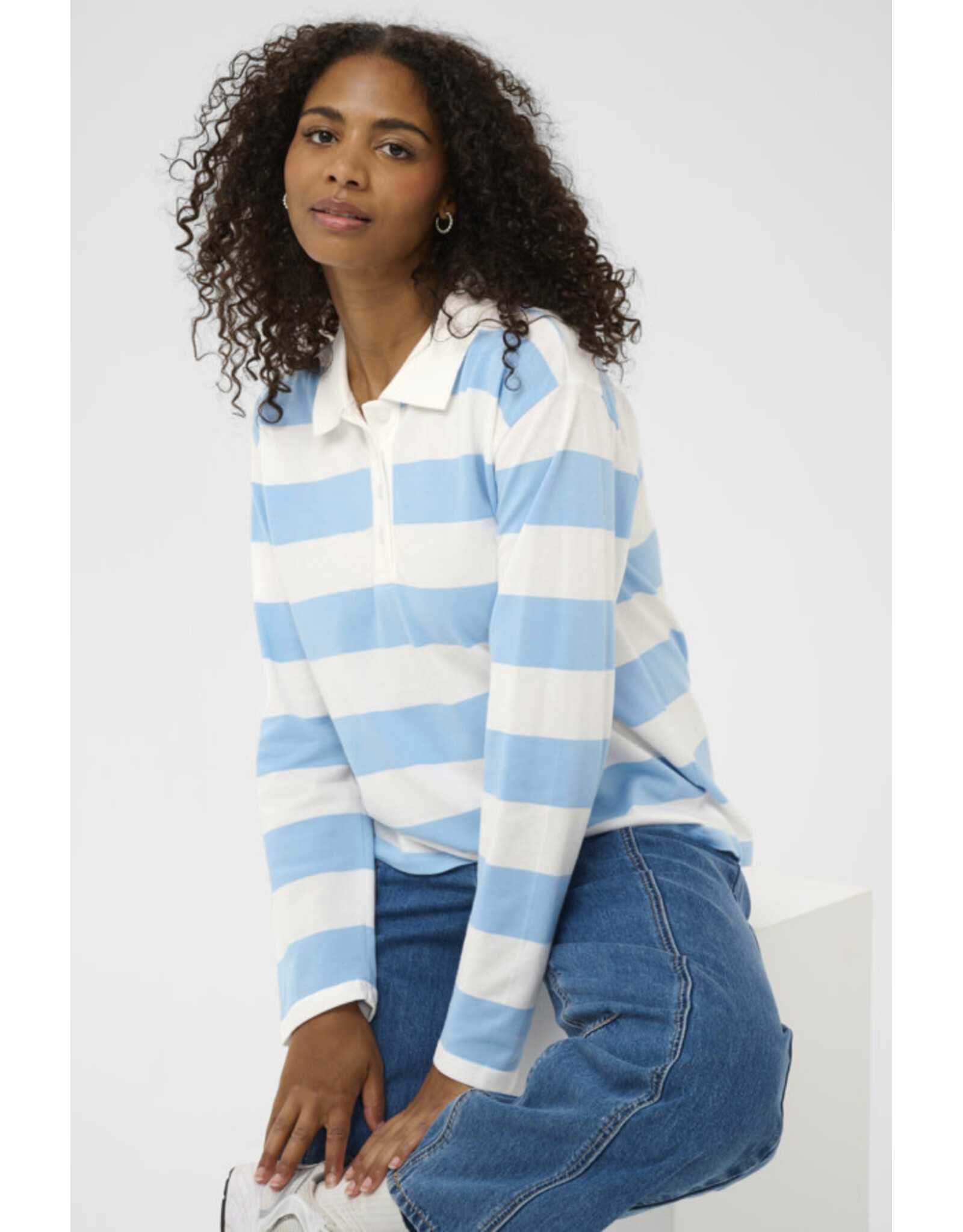 Kaffe Kaffe - Miala Long Sleeve Polo Shirt (Chalk / Powder Blue)