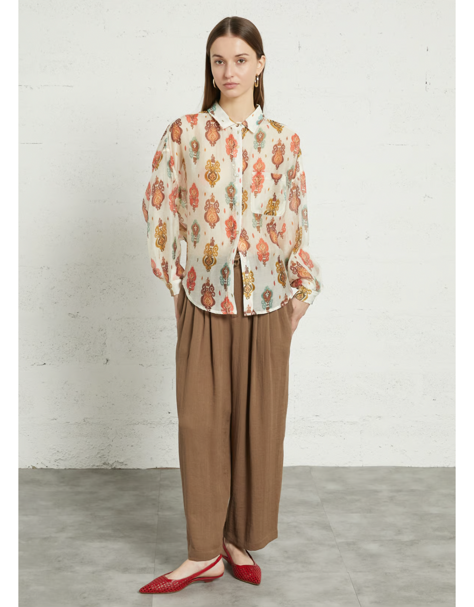 Korner Korner - Baroque Print Sheer Button Up Shirt (Multi)