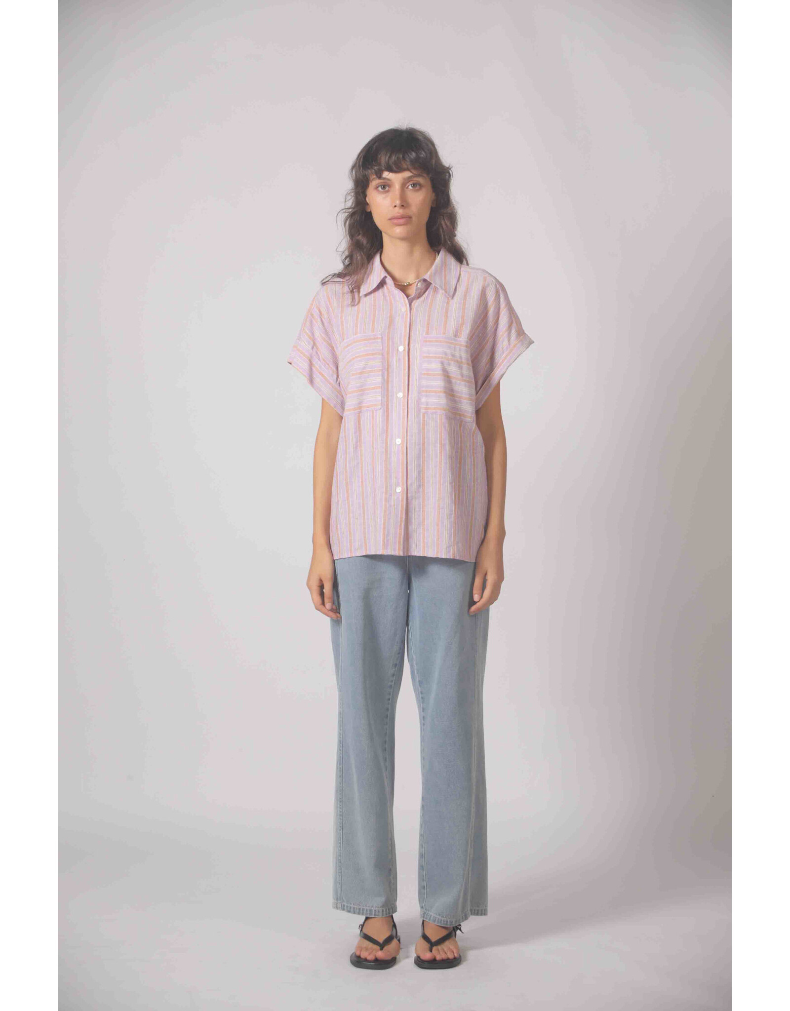Korner Korner - Short Sleeve Button Up with Vertical Stripe (Purple)