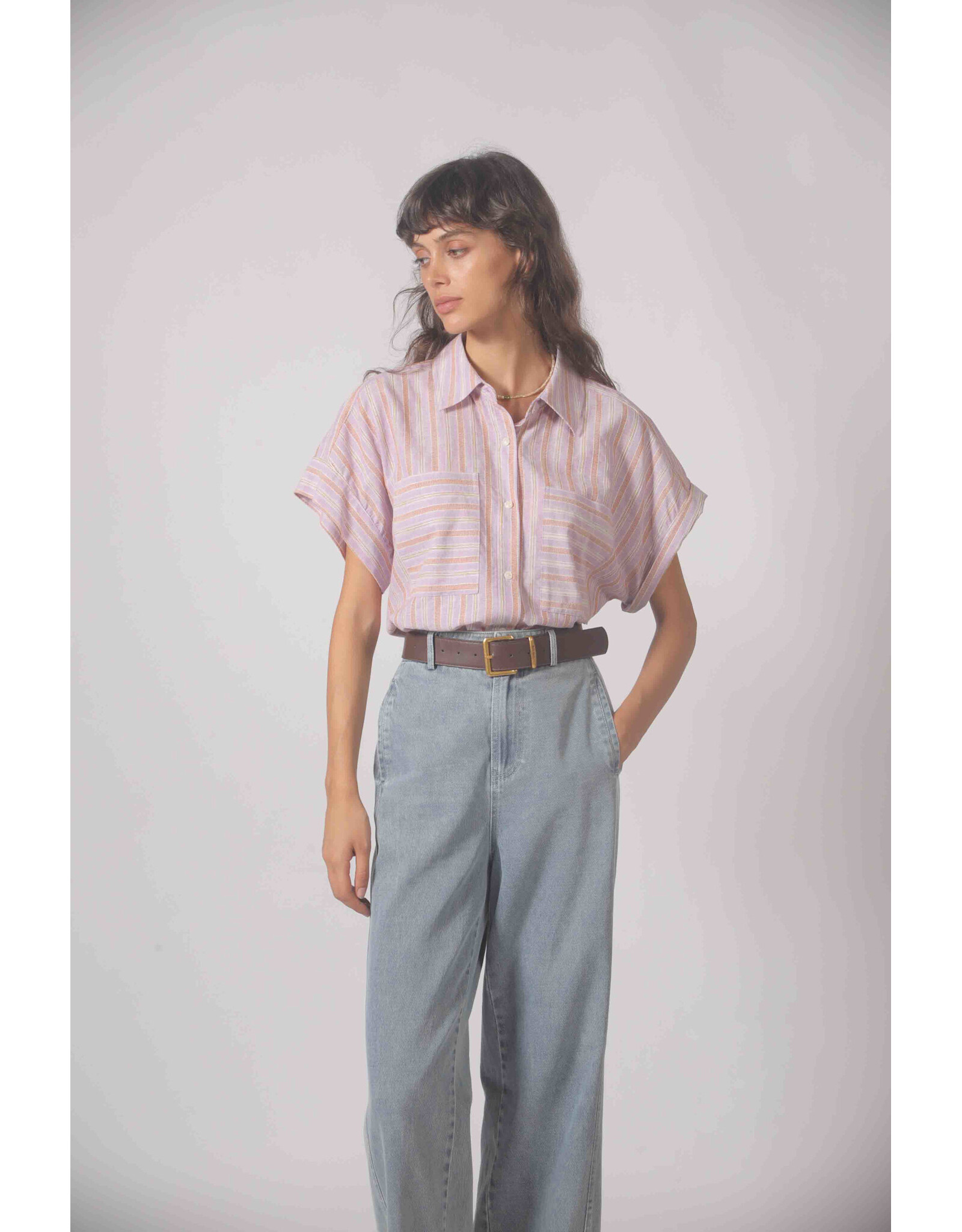 Korner Korner - Short Sleeve Button Up with Vertical Stripe (Purple)