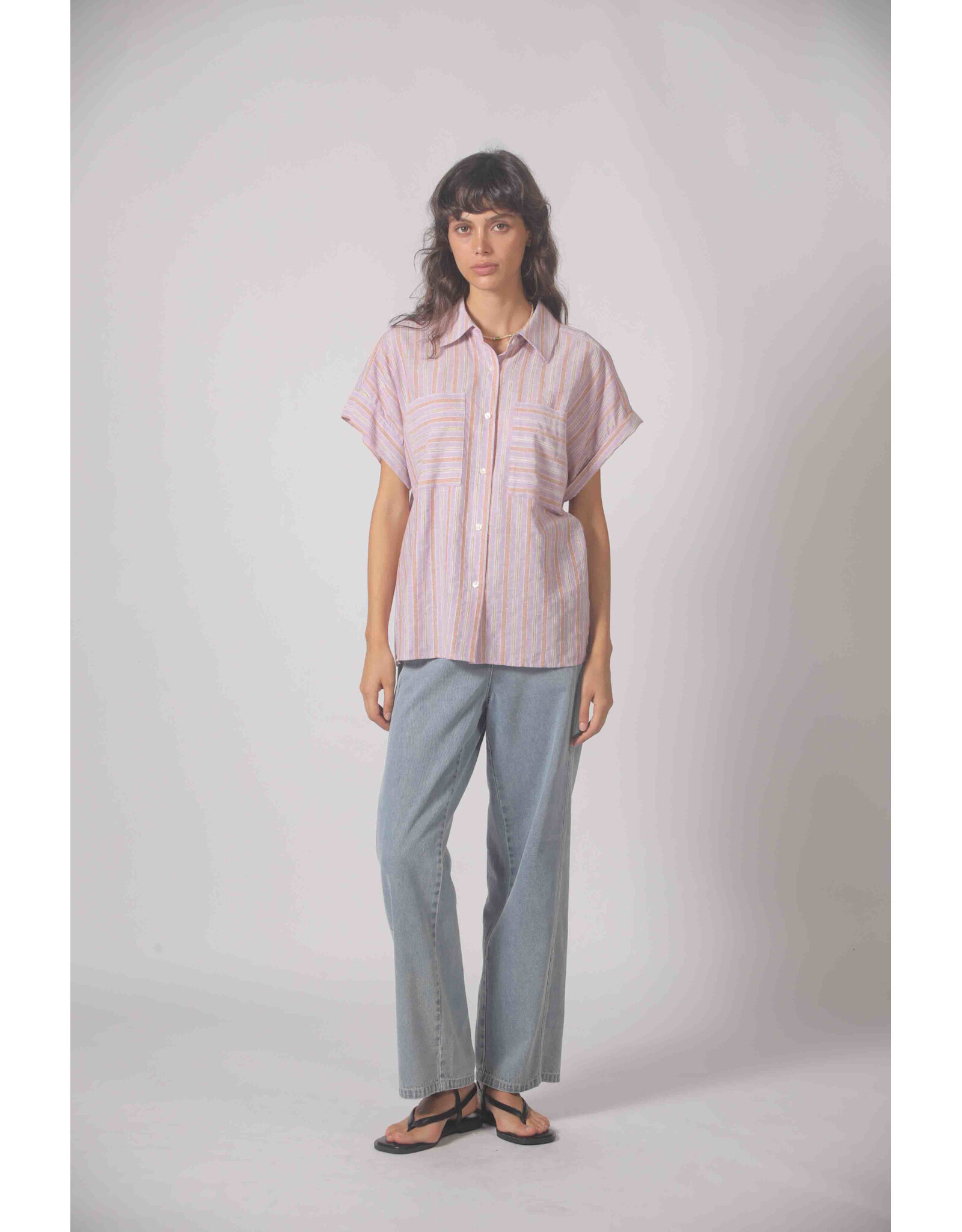 Korner Korner - Short Sleeve Button Up with Vertical Stripe (Purple)