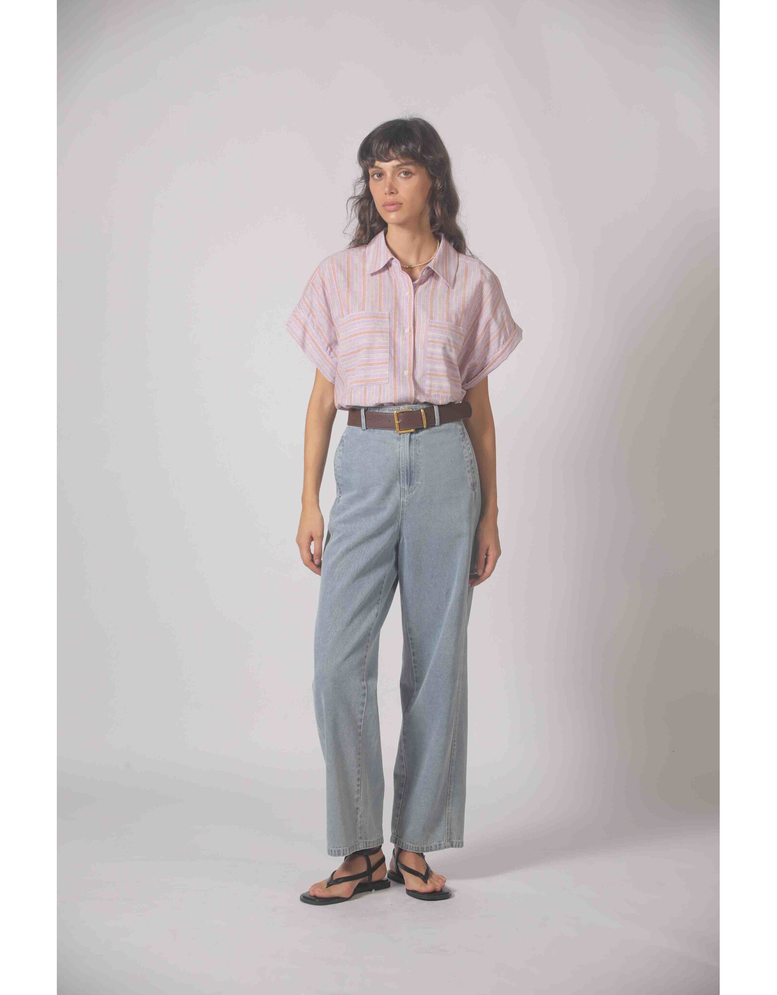 Korner Korner - Short Sleeve Button Up with Vertical Stripe (Purple)