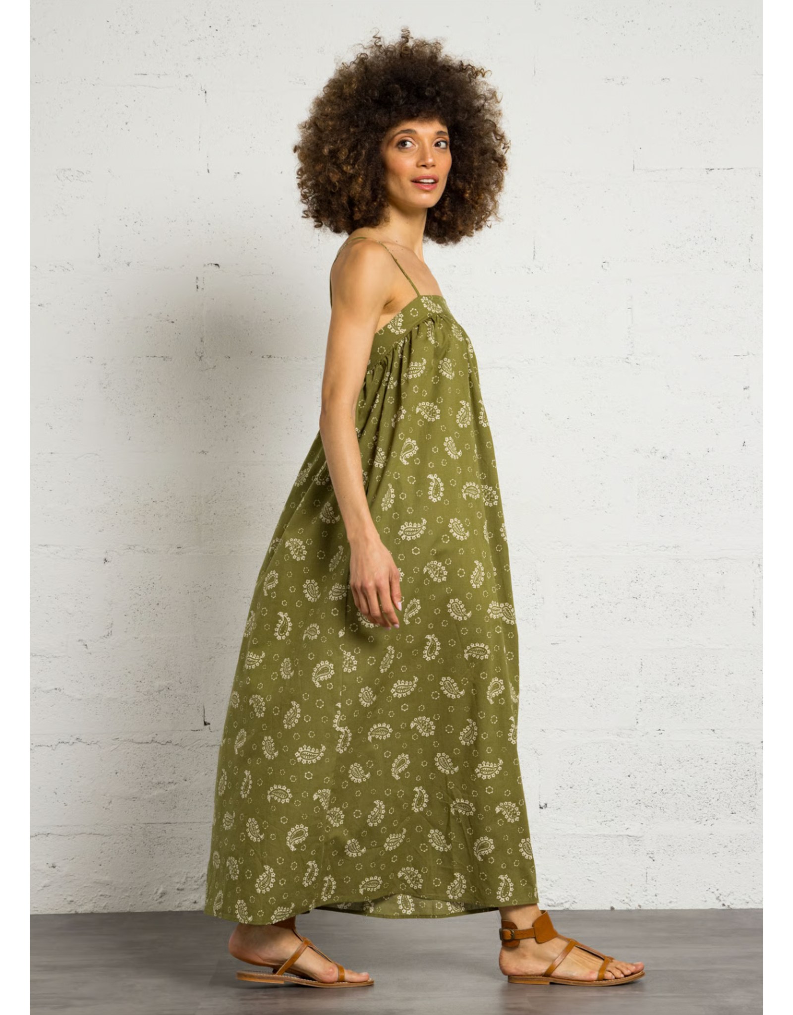 Korner Korner - Midi Length Cotton Dress (Khaki - Paisley)