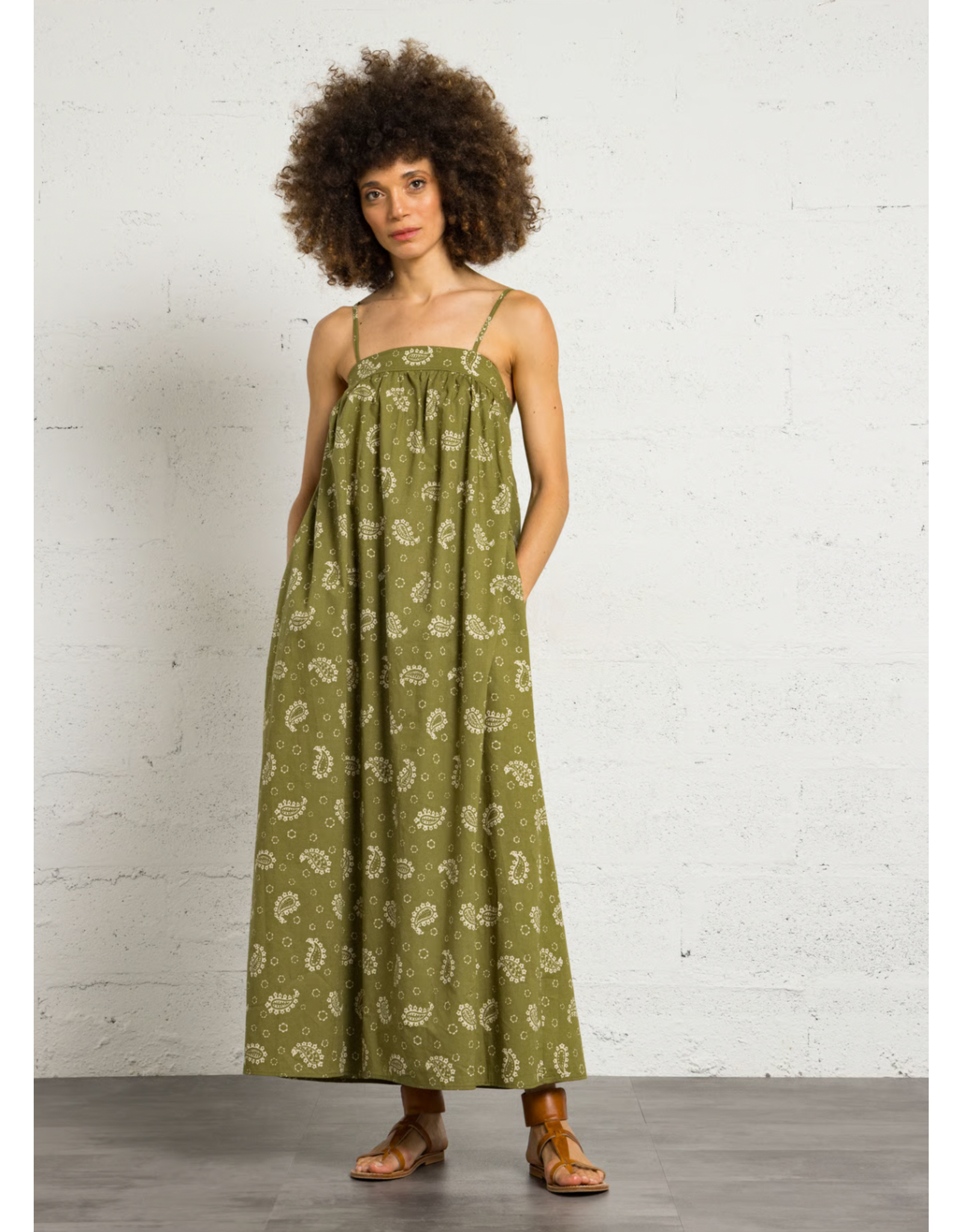 Korner Korner - Midi Length Cotton Dress (Khaki - Paisley)