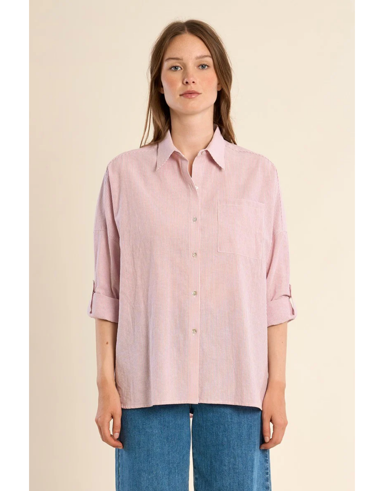 Molly Bracken Molly Bracken -  Striped Cotton Button Up (Pink)