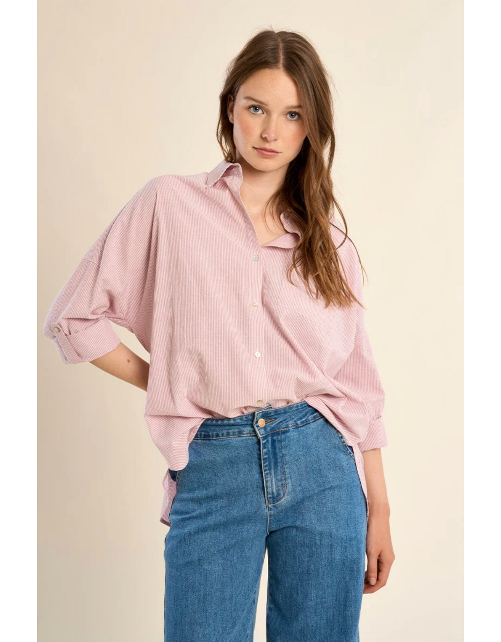 Molly Bracken Molly Bracken -  Striped Cotton Button Up (Pink)