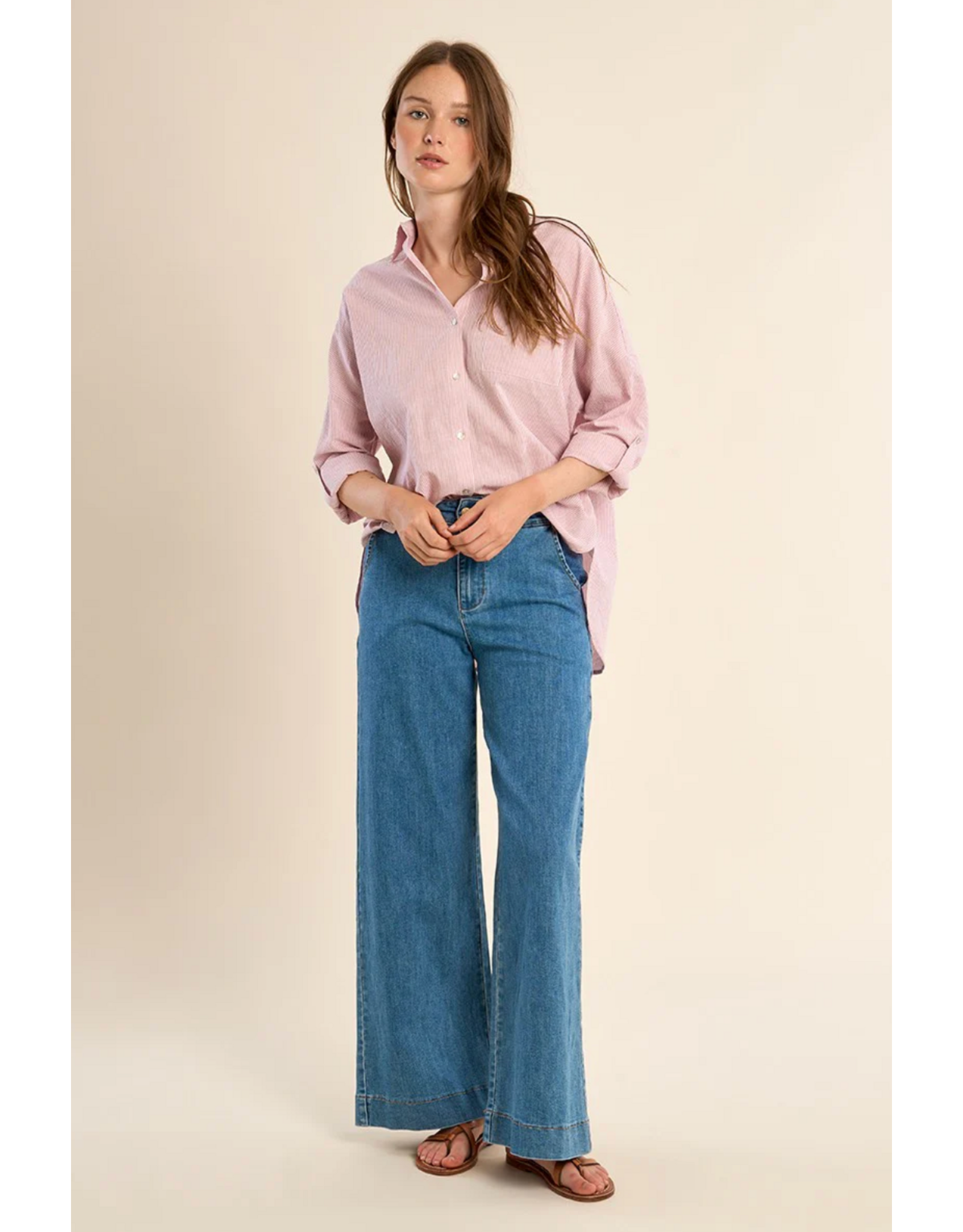 Molly Bracken Molly Bracken -  Striped Cotton Button Up (Pink)