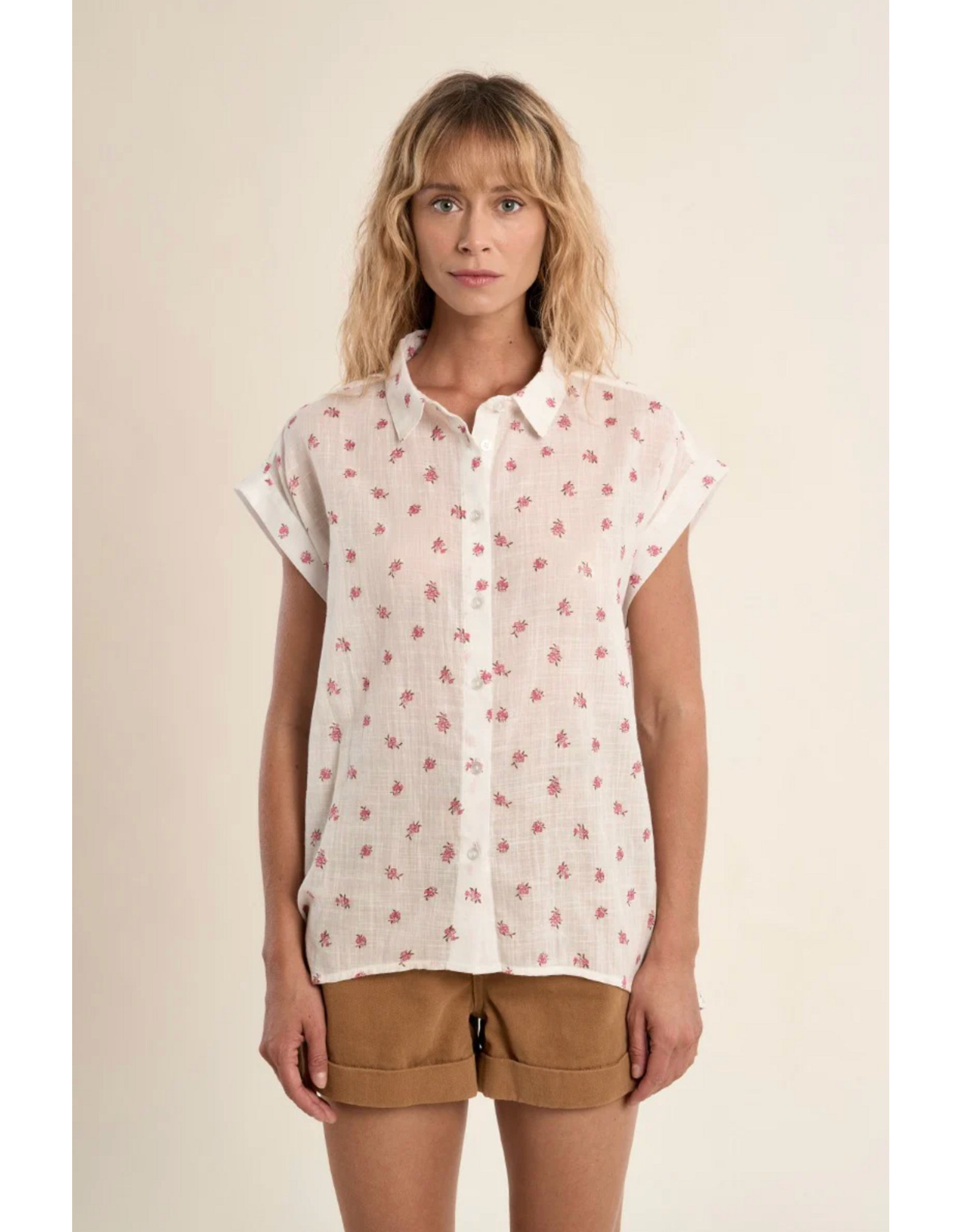 Molly Bracken Molly Bracken -  Short Sleeve Button Up (Ecru - Floral)