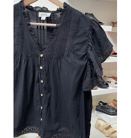 Korner Korner - Short Sleeve Button Up with Lace Trim (Black)