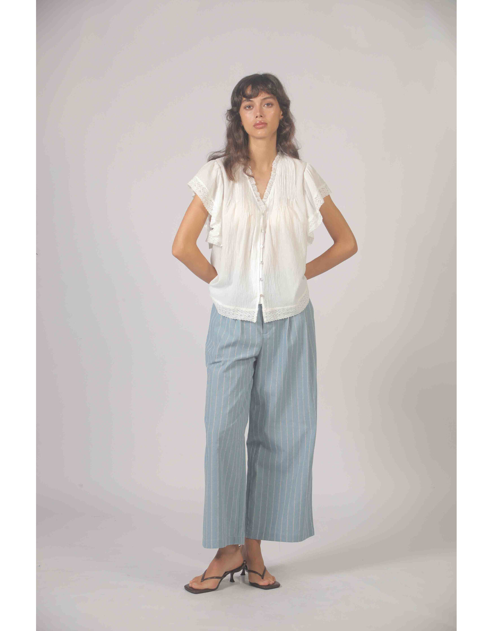 Korner Korner - Short Sleeve Button Up with Lace Trim (Cream)