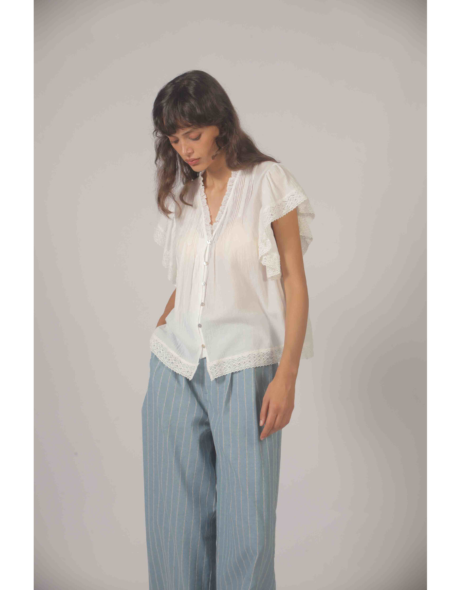 Korner Korner - Short Sleeve Button Up with Lace Trim (Cream)