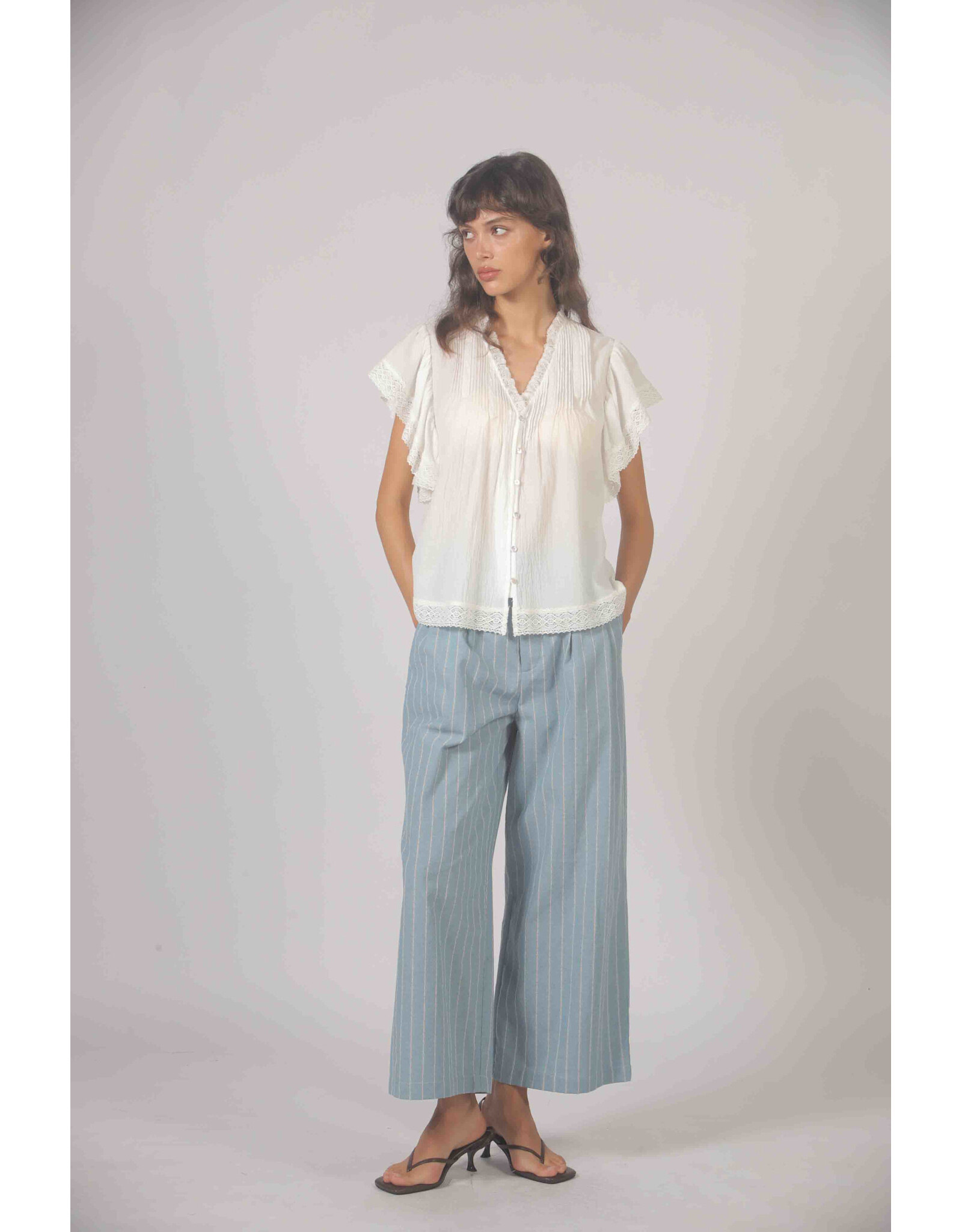 Korner Korner - Short Sleeve Button Up with Lace Trim (Cream)