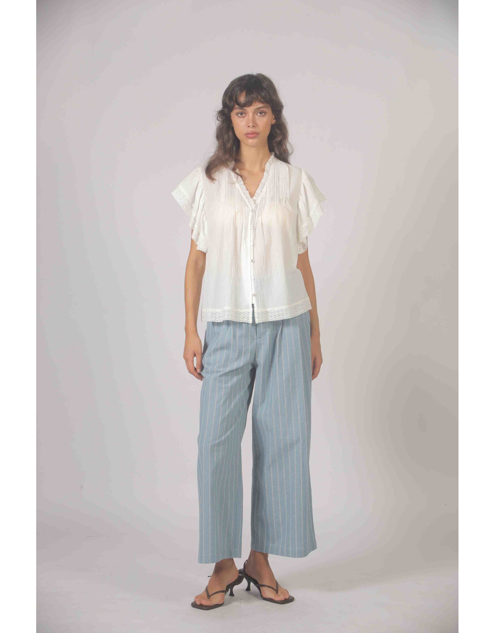 Korner Korner - Short Sleeve Button Up with Lace Trim (Cream)