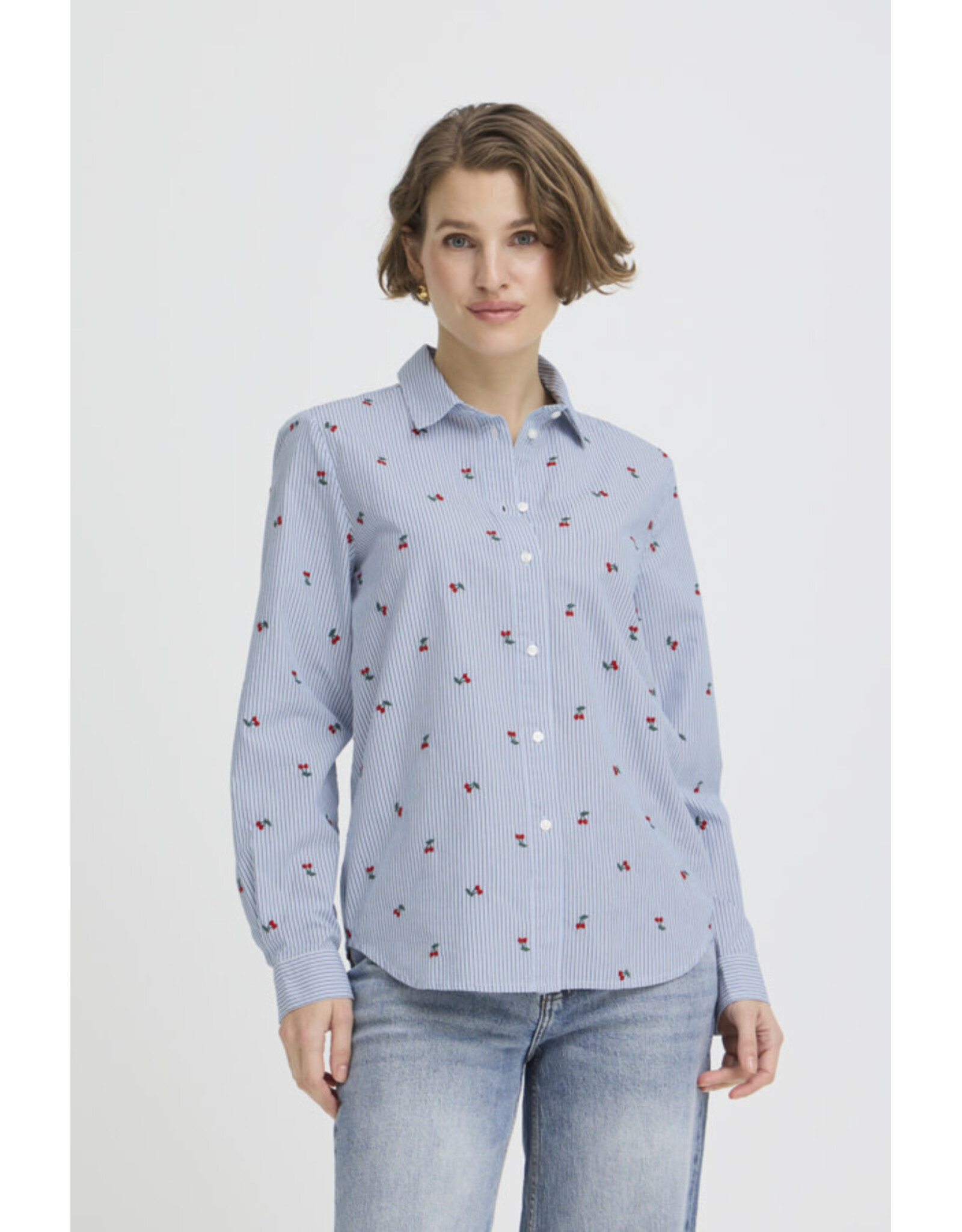 b.young b.young - Fenix Embroidered Button Up Shirt (Blue Stripe / Cherry)