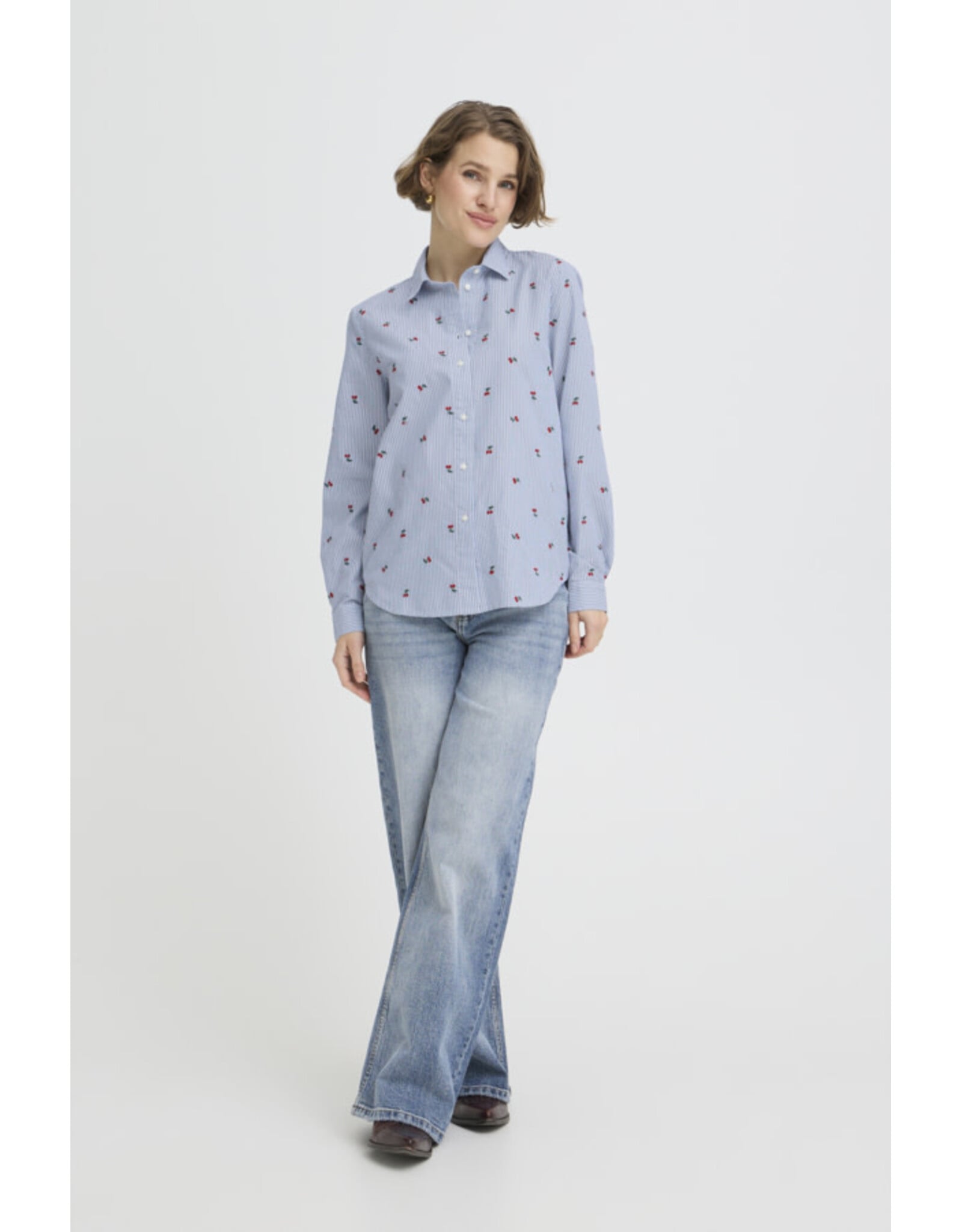 b.young b.young - Fenix Embroidered Button Up Shirt (Blue Stripe / Cherry)