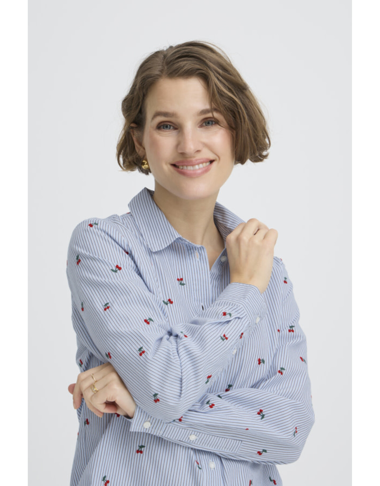 b.young b.young - Fenix Embroidered Button Up Shirt (Blue Stripe / Cherry)