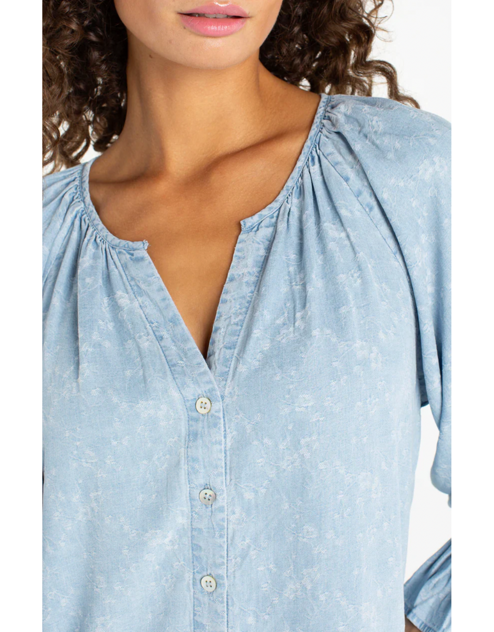 Liverpool Liverpool - 3/4 Sleeve Shirred Chambray Top (Rose Ice)