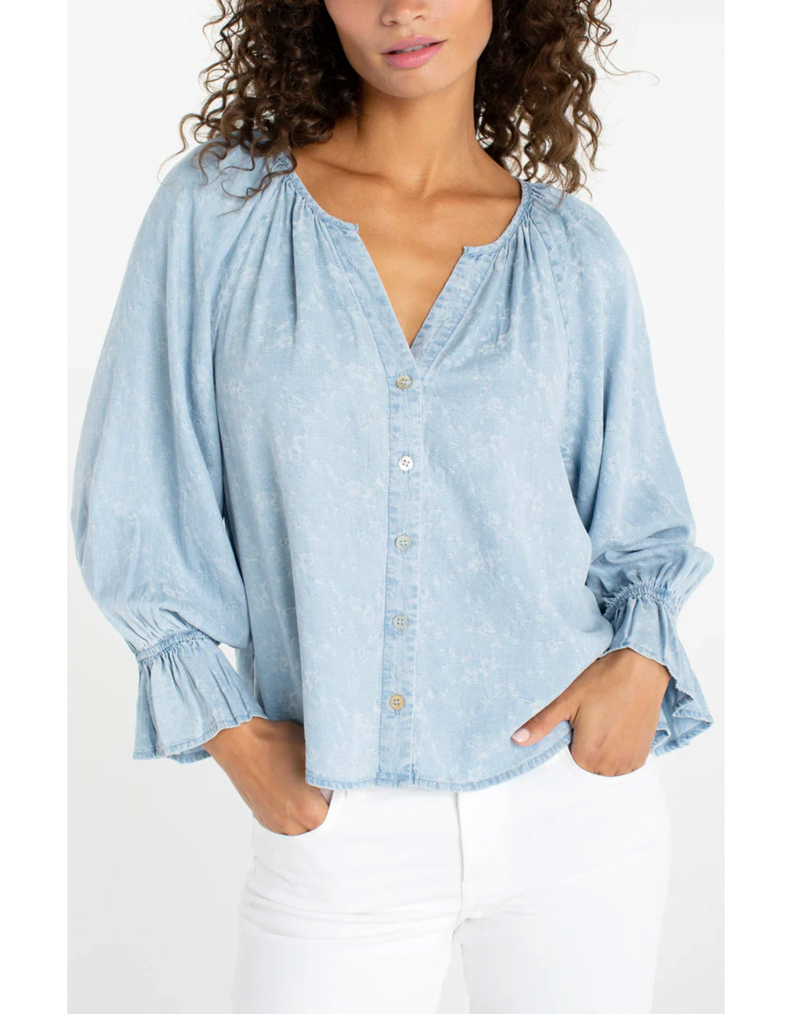 Liverpool Liverpool - 3/4 Sleeve Shirred Chambray Top (Rose Ice)