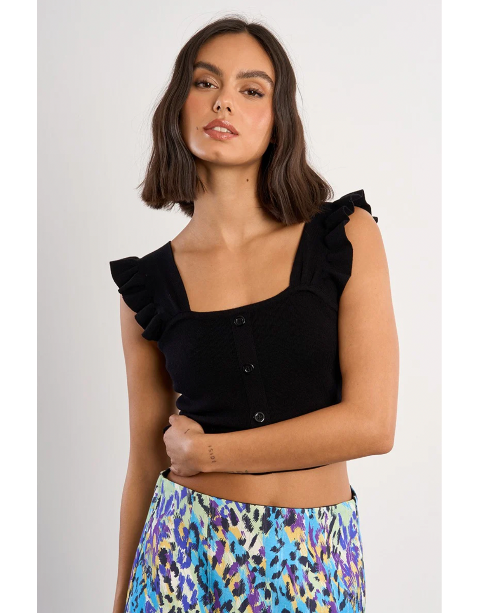 Molly Bracken Molly Bracken -  Button Up Tank with Ruffle Straps (Black)