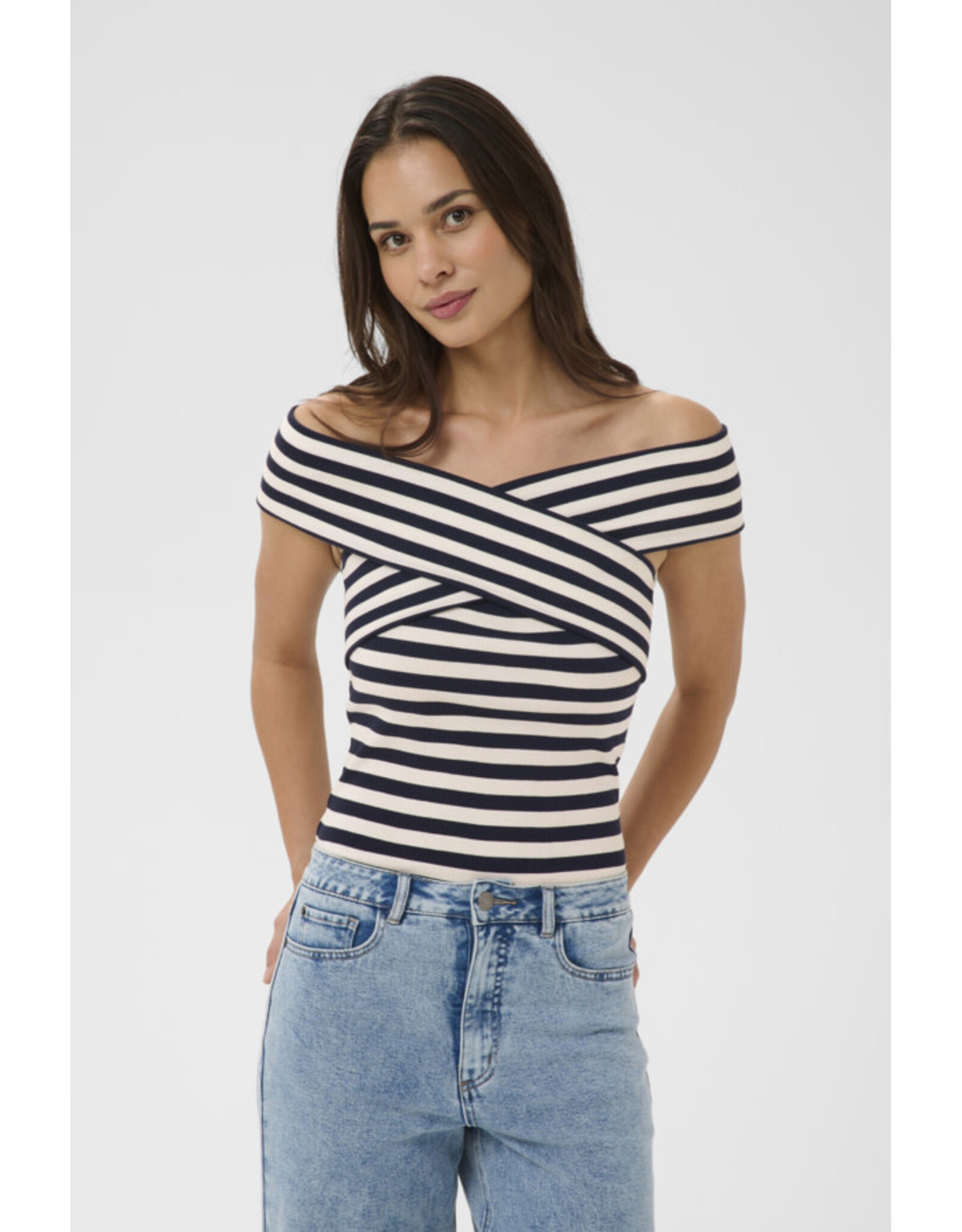 Kaffe Kaffe - Celeste Cross Off the Shoulder Top (Chalk / Midnight)