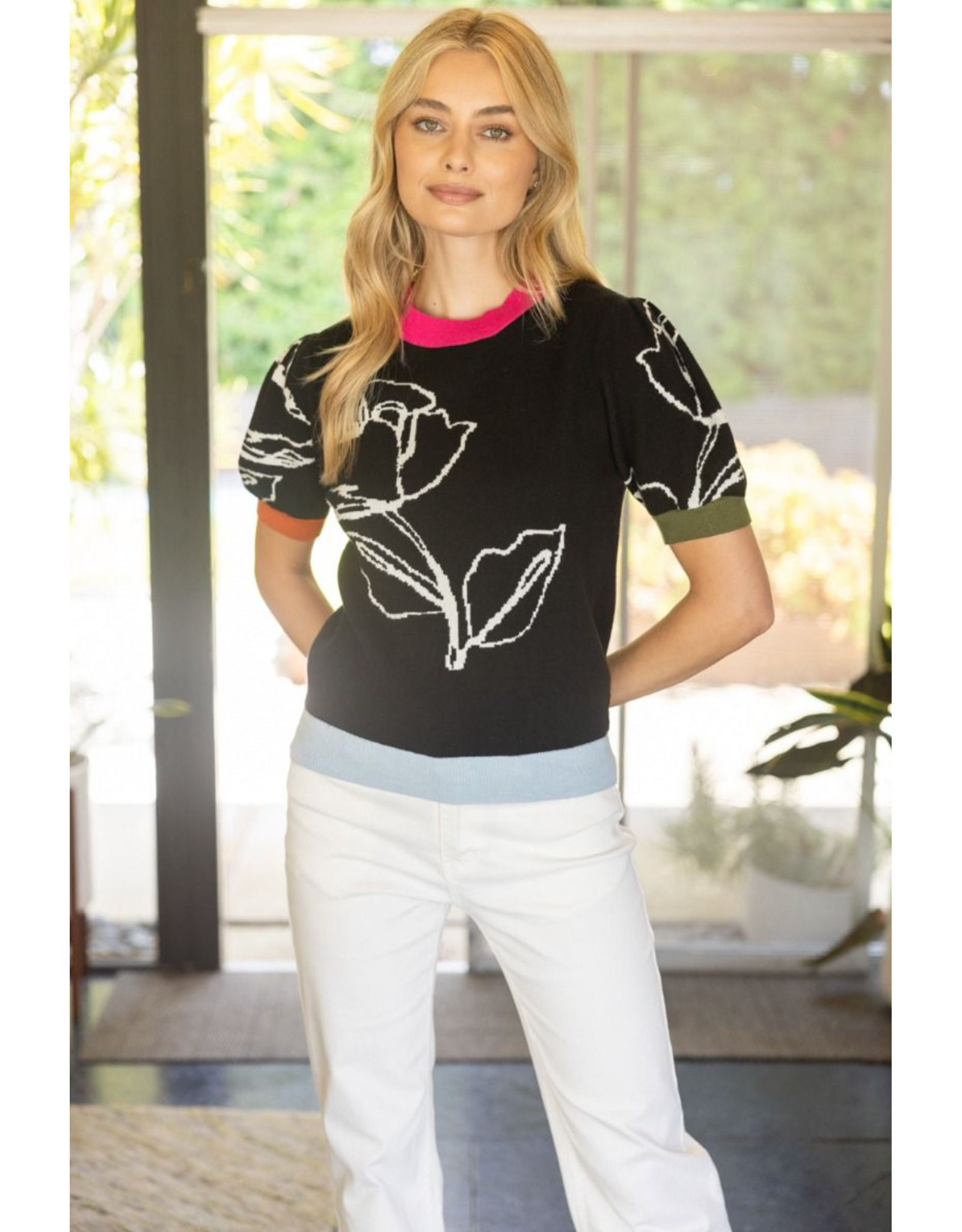 Voy Floral  Knit Top with Colour Block Arm Bands