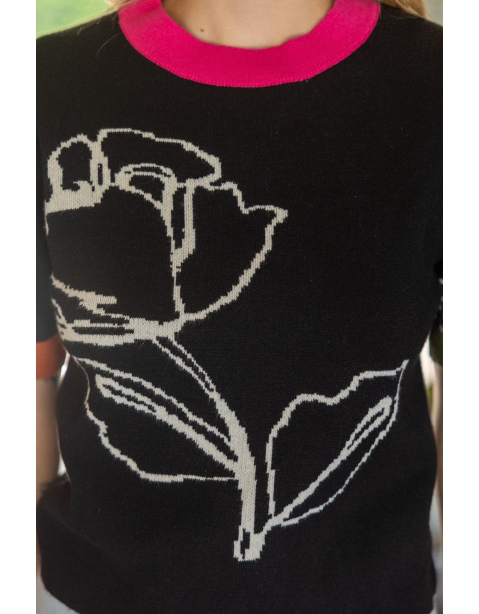 Voy Floral  Knit Top with Colour Block Arm Bands