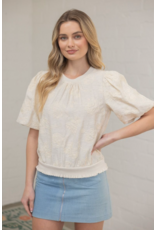 Voy Floral Embroidered Bubble Sleeve Top (Cream)