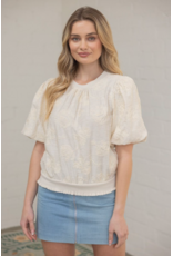 Voy Floral Embroidered Bubble Sleeve Top (Cream)