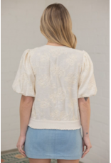 Voy Floral Embroidered Bubble Sleeve Top (Cream)
