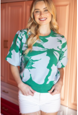 Voy Floral Print Bubble Sleeve Knit Top (Green)