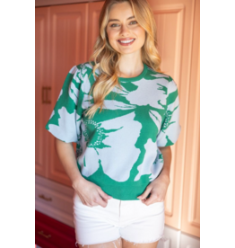 Voy Floral Print Bubble Sleeve Knit Top (Green)