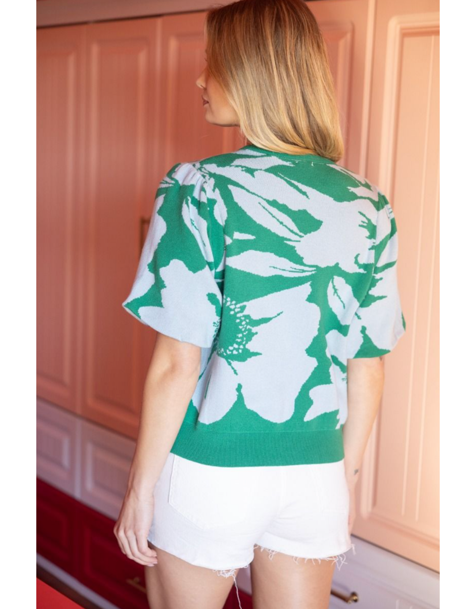 Voy Floral Print Bubble Sleeve Knit Top (Green)