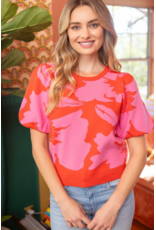 Voy Floral Print Bubble Sleeve Knit Top (Red / Pink)