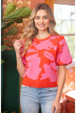 Voy Floral Print Bubble Sleeve Knit Top (Red / Pink)