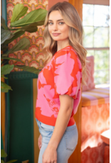 Voy Floral Print Bubble Sleeve Knit Top (Red / Pink)