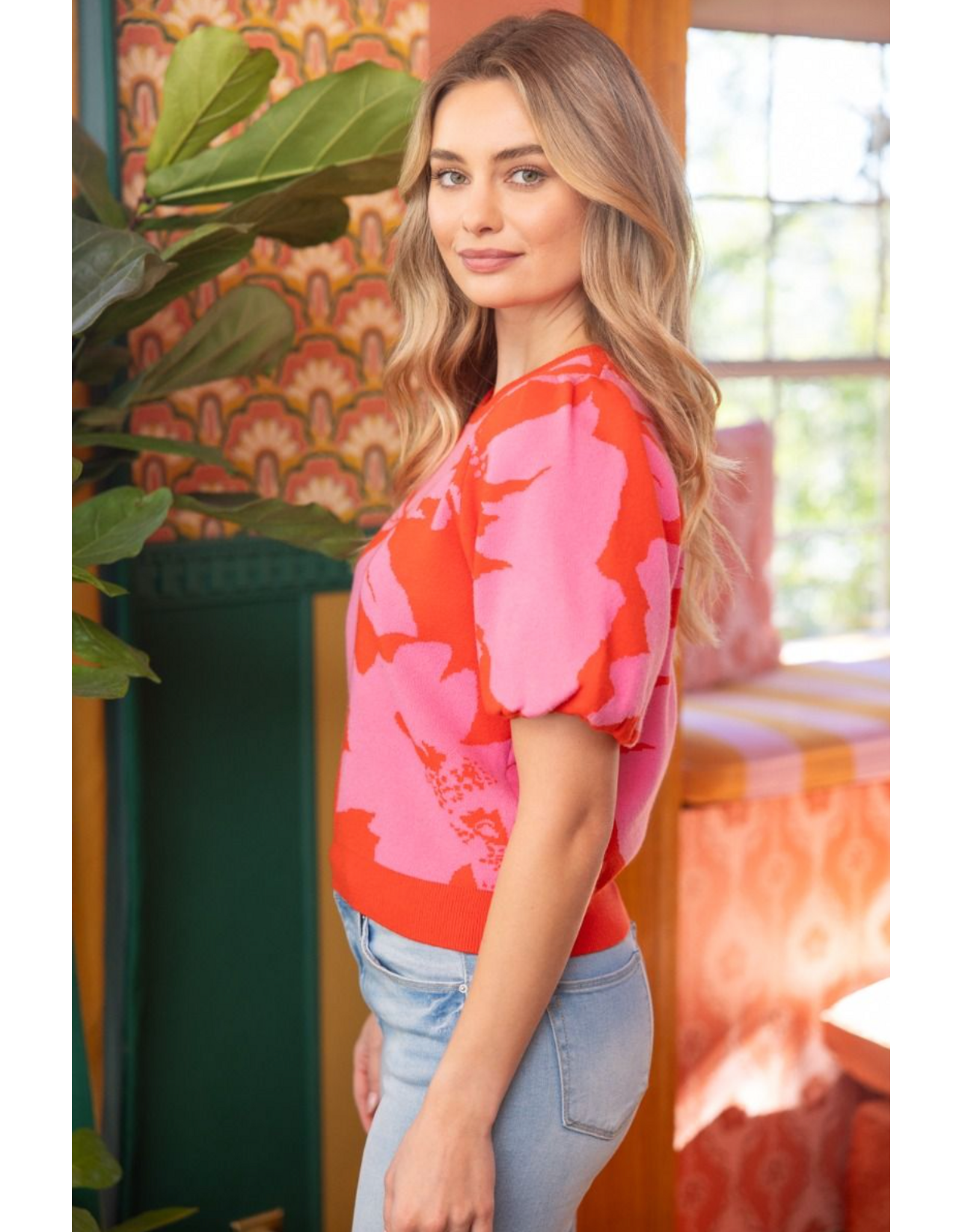 Voy Floral Print Bubble Sleeve Knit Top (Red / Pink)