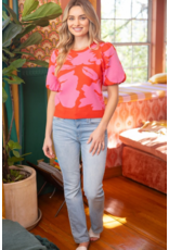 Voy Floral Print Bubble Sleeve Knit Top (Red / Pink)
