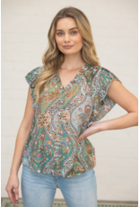 Voy Floral Print Top with Pleated Sleeves (Green)