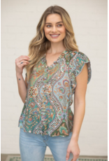 Voy Floral Print Top with Pleated Sleeves (Green)