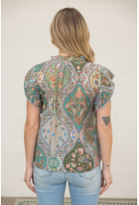 Voy Floral Print Top with Pleated Sleeves (Green)