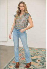Voy Floral Print Top with Pleated Sleeves (Green)