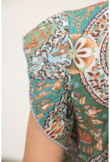 Voy Floral Print Top with Pleated Sleeves (Green)