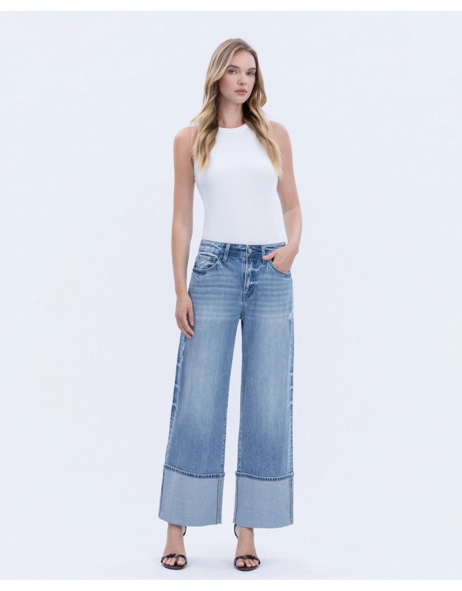 VERVET VERVET - High Rise Medium Wash Cuffed Wide Leg Jeans (Vital Symphony)