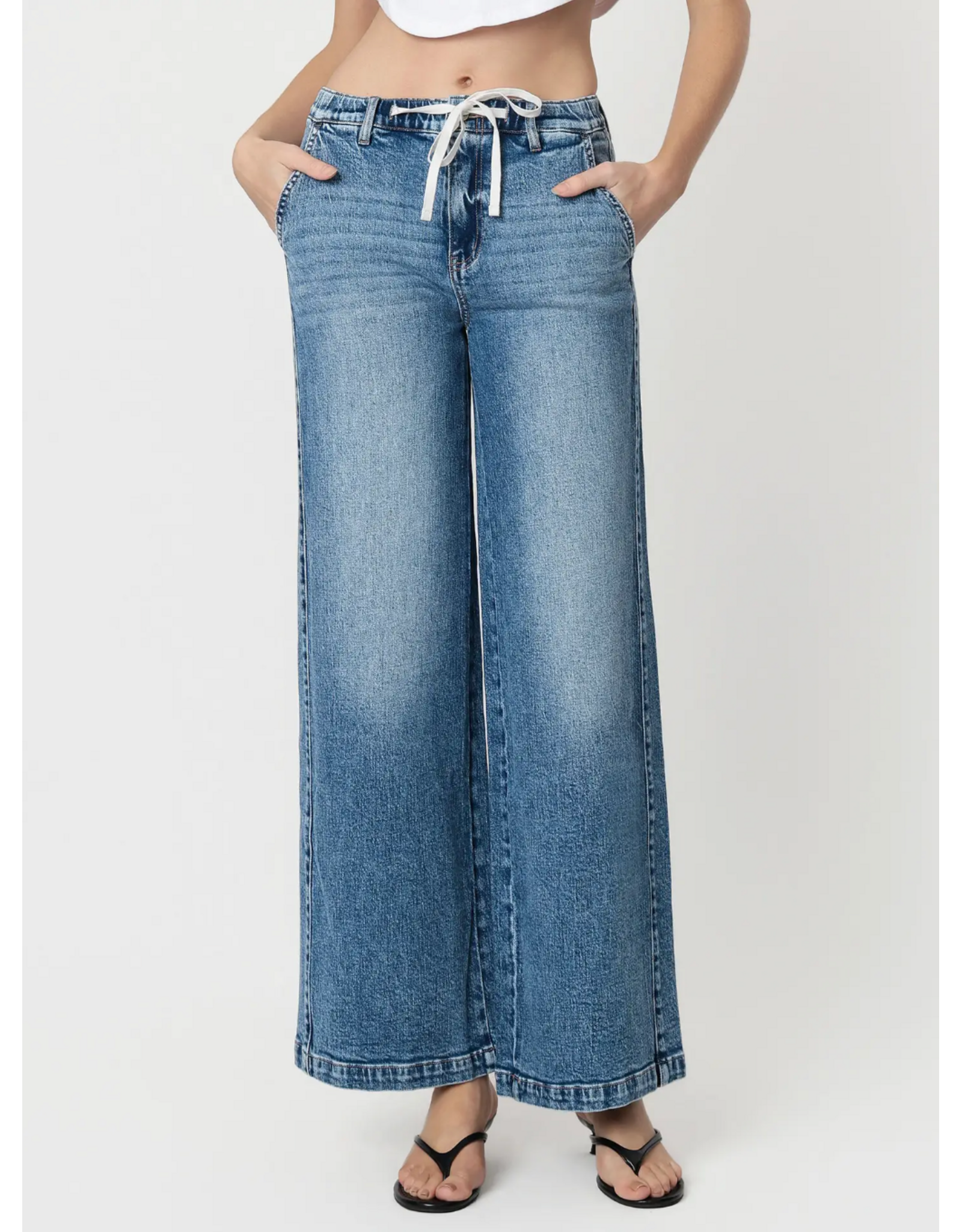 VERVET VERVET -Olivia High Rise Medium Dark Waist Tie Twist Wide Jeans (Lady Bird)