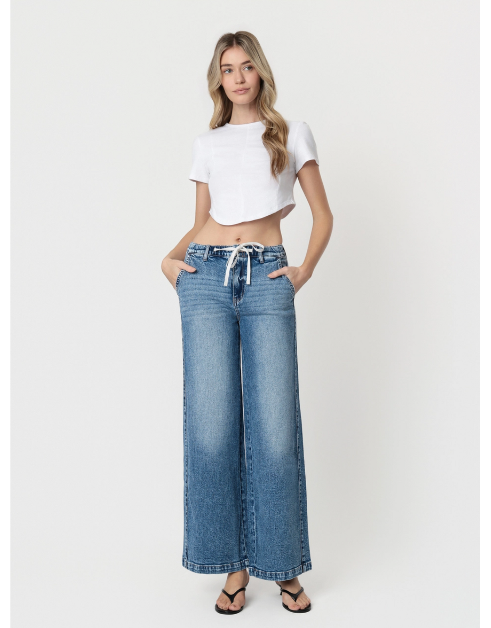 VERVET VERVET -Olivia High Rise Medium Dark Waist Tie Twist Wide Jeans (Lady Bird)