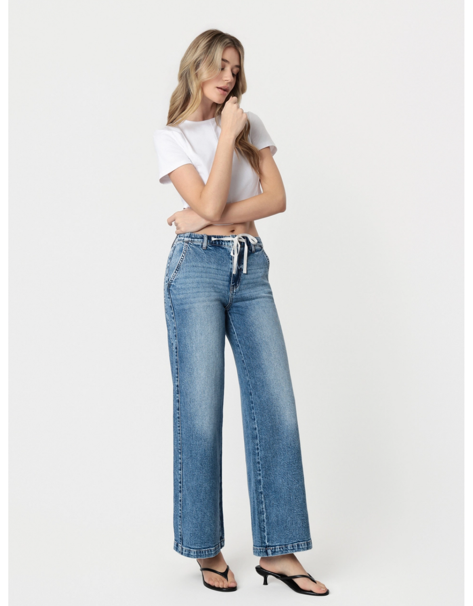 VERVET VERVET -Olivia High Rise Medium Dark Waist Tie Twist Wide Jeans (Lady Bird)