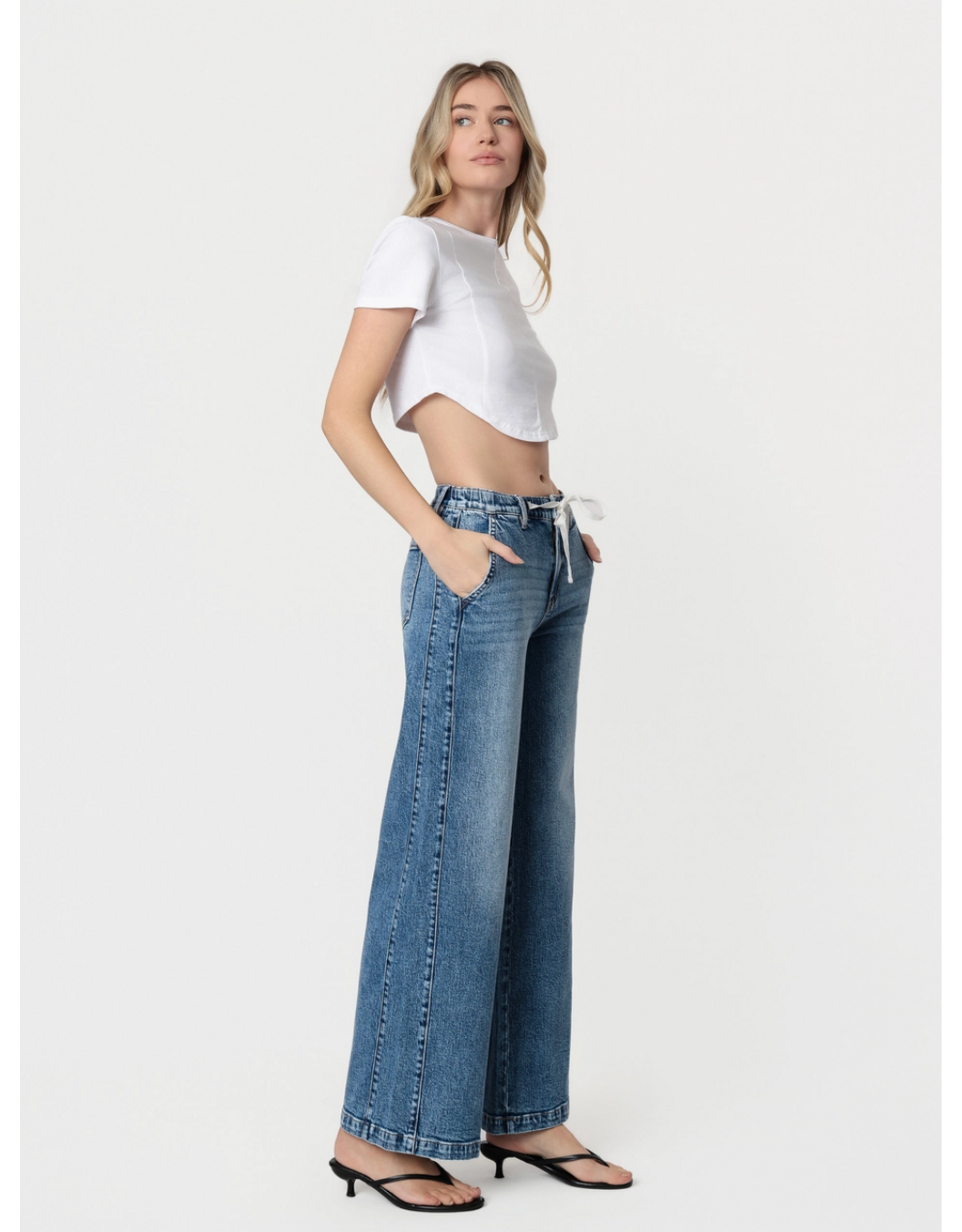 VERVET VERVET -Olivia High Rise Medium Dark Waist Tie Twist Wide Jeans (Lady Bird)