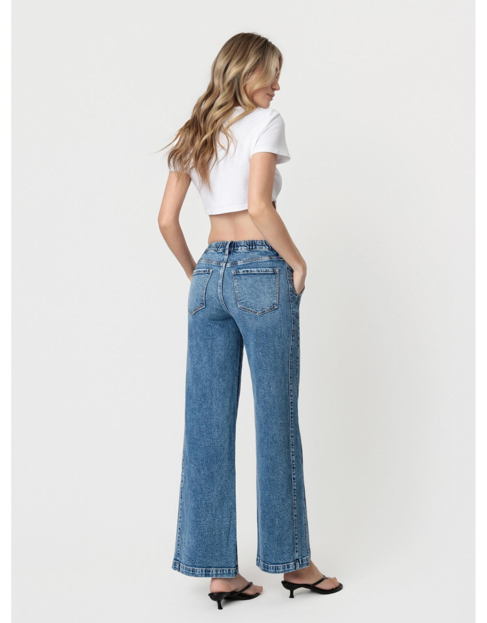 VERVET VERVET -Olivia High Rise Medium Dark Waist Tie Twist Wide Jeans (Lady Bird)