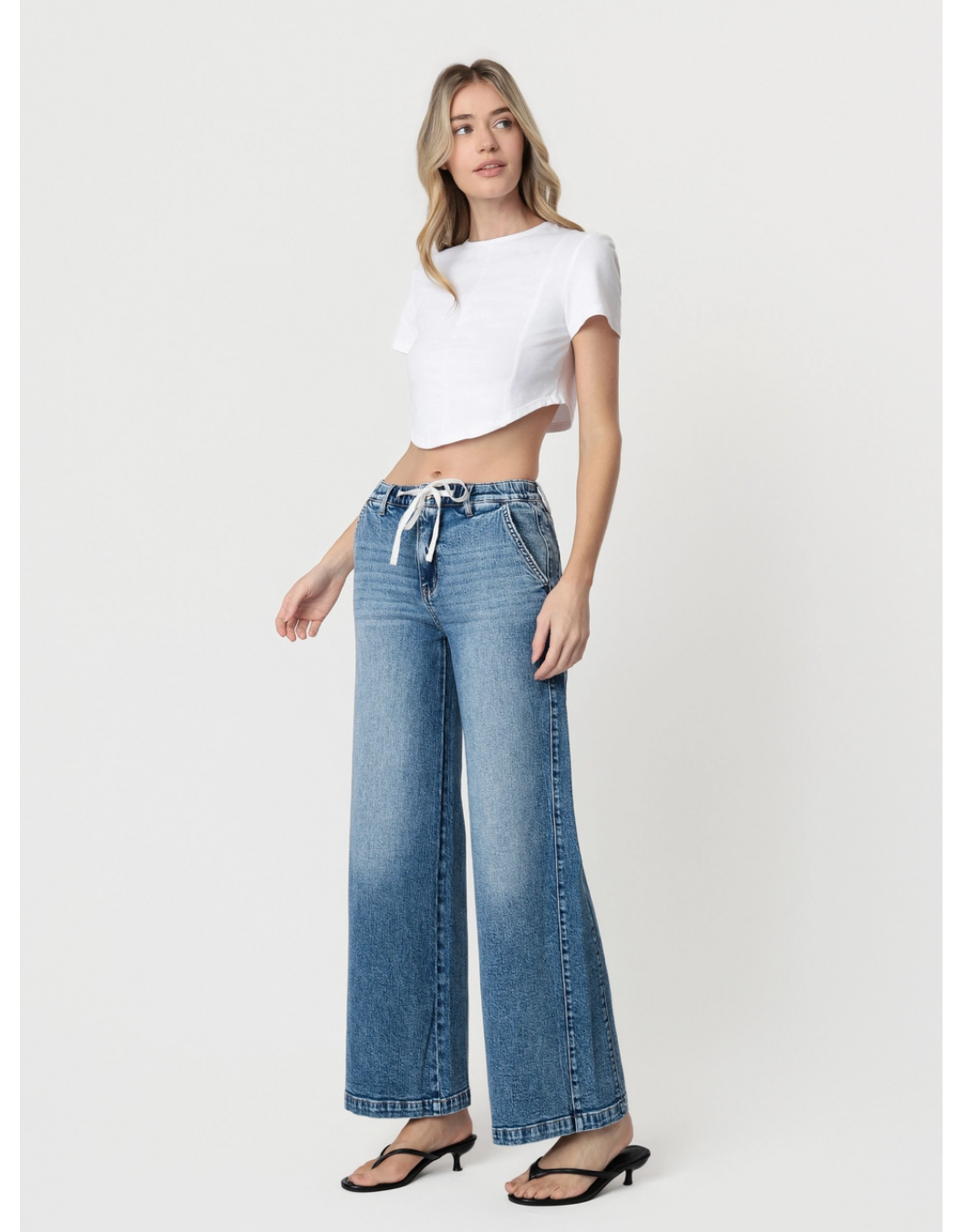 VERVET VERVET -Olivia High Rise Medium Dark Waist Tie Twist Wide Jeans (Lady Bird)