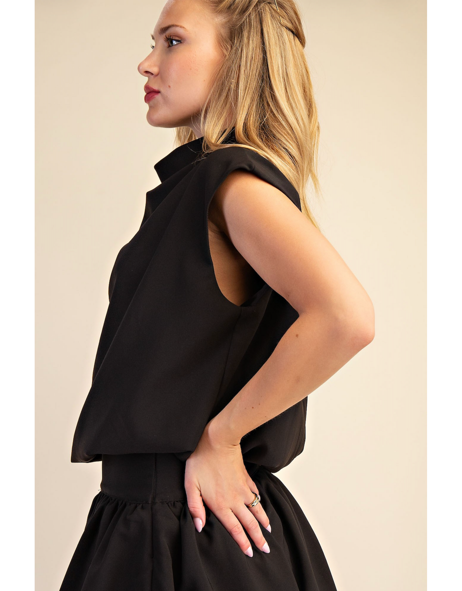 glam Mock Neck Balloon Top (Black)